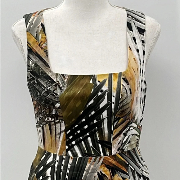 Black Halo Square Neckline Fitted Sleeveless Botanical Print Dress - Size 4 - Picture 2 of 7